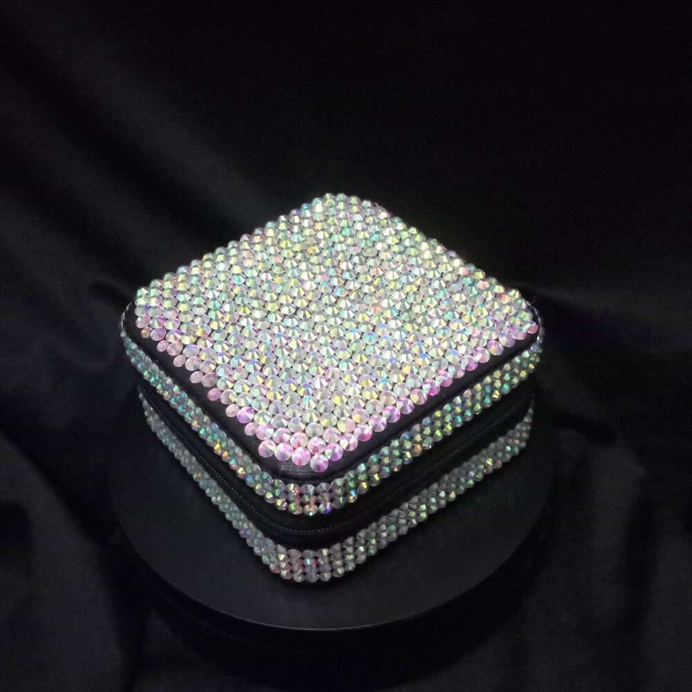 Small Black Jewelry Box with Iridescent Stones, Girl Gift, First Jewelry Box